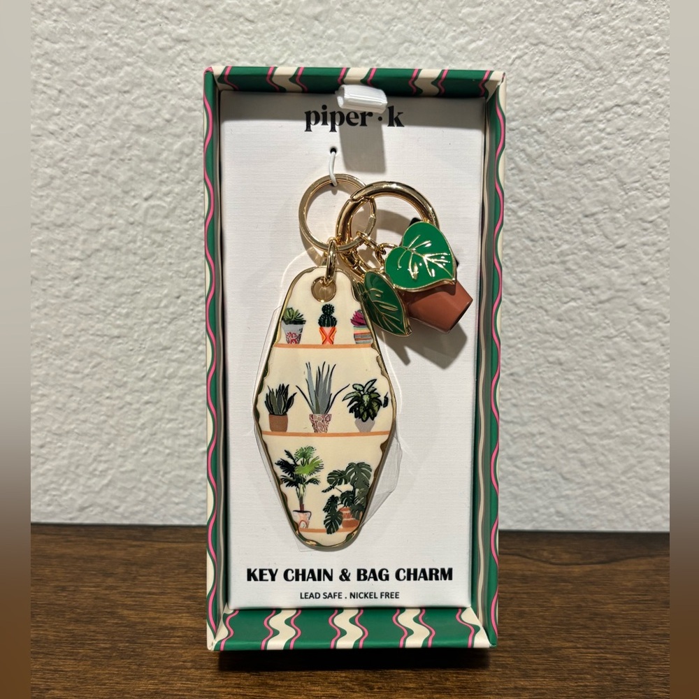 Piper K Botanical Bag Charm & Key Chain – Green & Gold – NIB